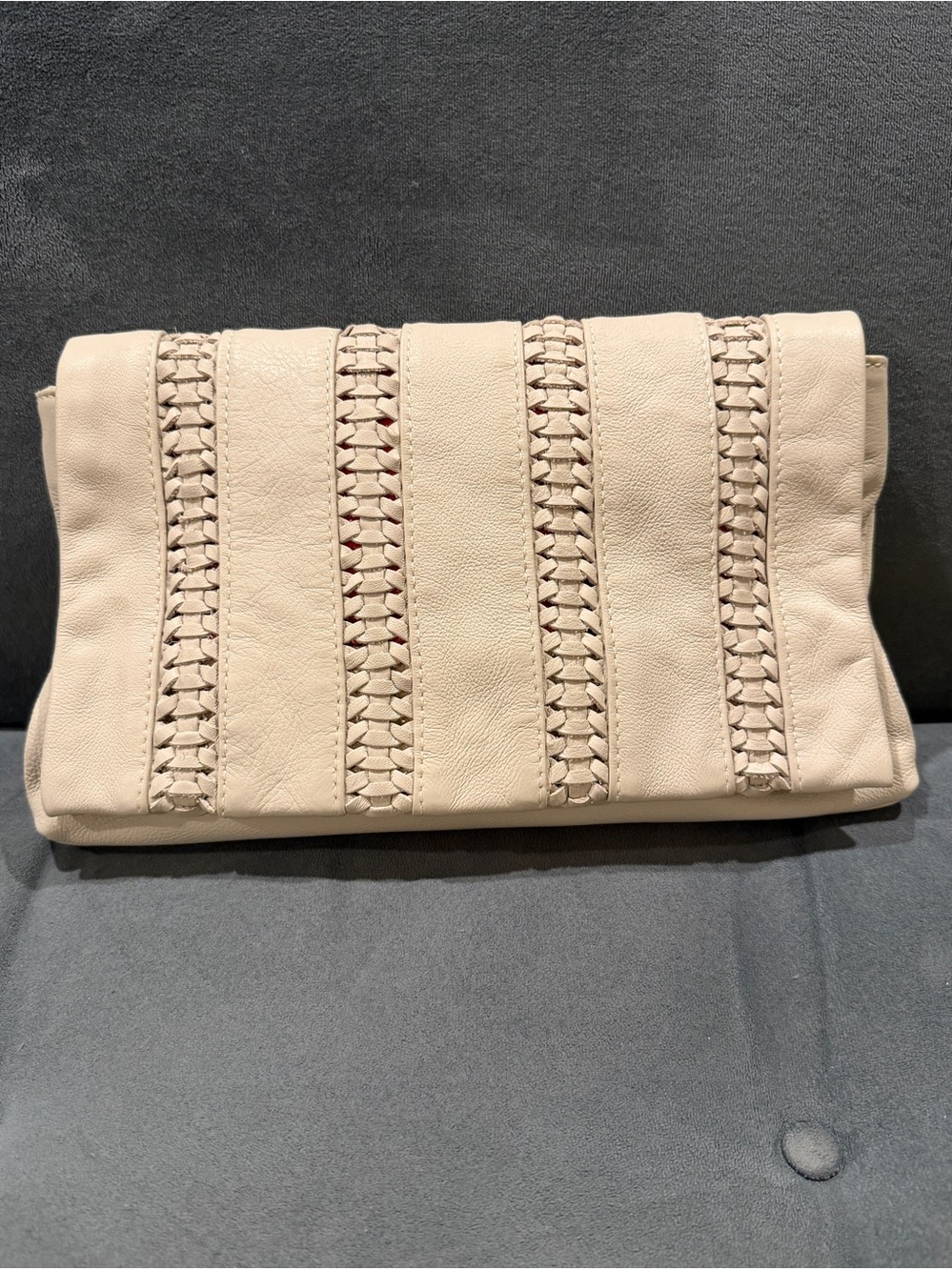 Via Mia off white ivory braided leather clutch purse bag